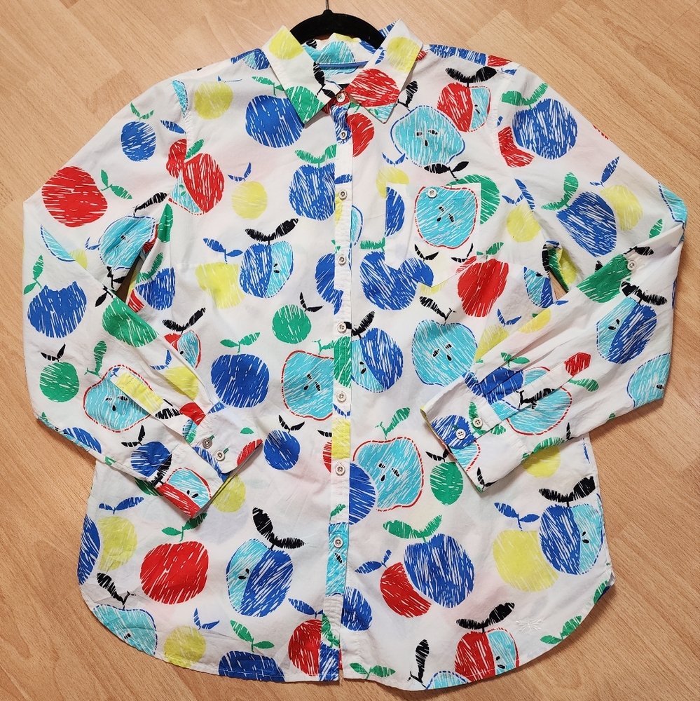 Talbots Apple Print Long Sleeve Button Down Shirt Roll Tab Sleeves Size Medium